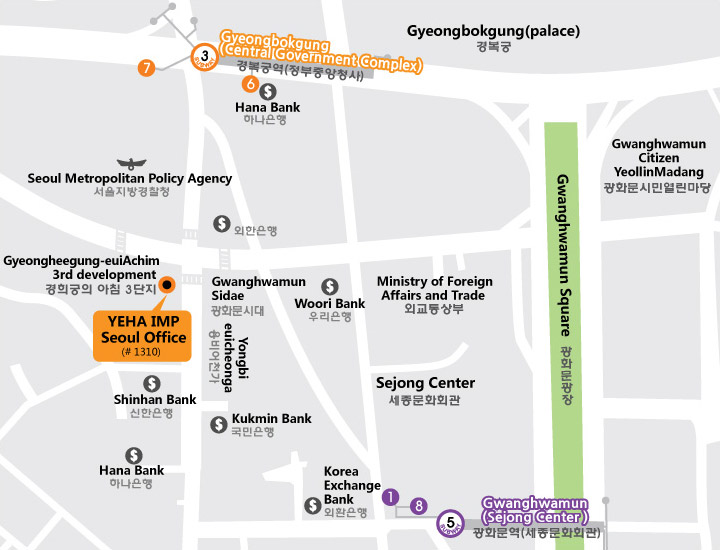 Rough map of Seoul office. Morning of Kyeonghuigung complex 3, Officetel unit 1310 in the vicinity of Kyeongbokgung Station and Gwanghwamun Station